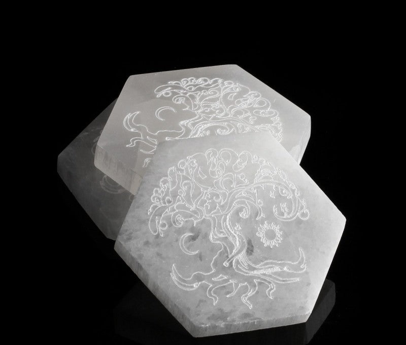 Placa de selenita hexagonal árbol